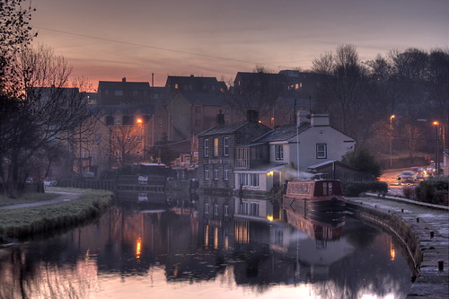 morning trees houses light house tree cars water grass car photoshop sunrise canon lights canal pub path 1855mm barge hdr narrowboat pathway photomatix 3exp 400d rodley