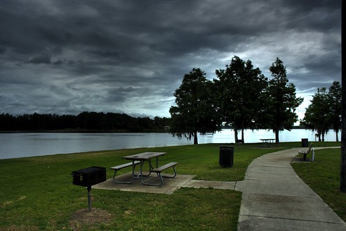 park trees lake bench cloudy hdr