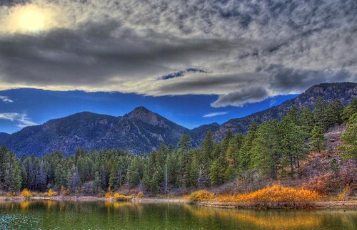 blue autumn trees sky sun lake mountains reflection green fall nature water clouds landscape gold colorado foliage evergreen coloradosprings hdr intothesun airforceacademy photomatix mywinners 200811