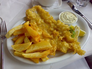 Deuchar's battered haddock and chips at The Shore, Leith, Edinburgh