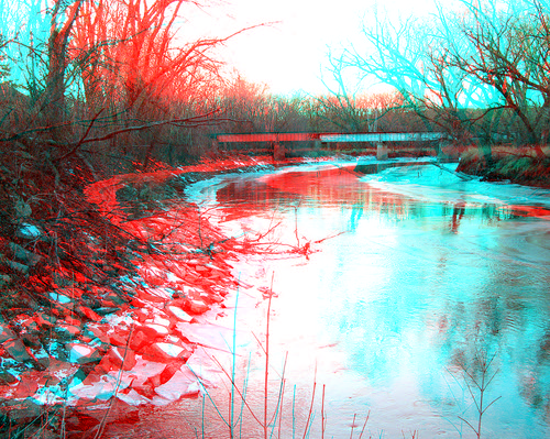 park winter tree ice water river stereoscopic stereophoto 3d rustic scenic anaglyph iowa trunk redcyan 3dimages 3dphoto 3dphotos 3dpictures stereopicture