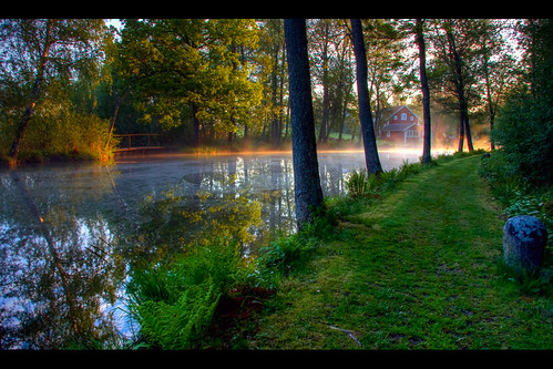 morning bridge trees house mist reflection sunrise sweden f22 sverige hdr östergötland hamra kindakanal sturefors canonefs1785mmf456isusm canoneos40d johanklovsjö