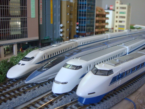 JR West Shinkansen Line Up, from left, 700 series, 500 series, 300 series, and 100 series