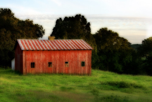 sunset red barn rural farm rustic arkansas ortoneffect