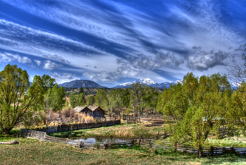 ranch trees sky snow mountains water grass clouds fence skyscape landscape colorado salida hdr photomatix 200805