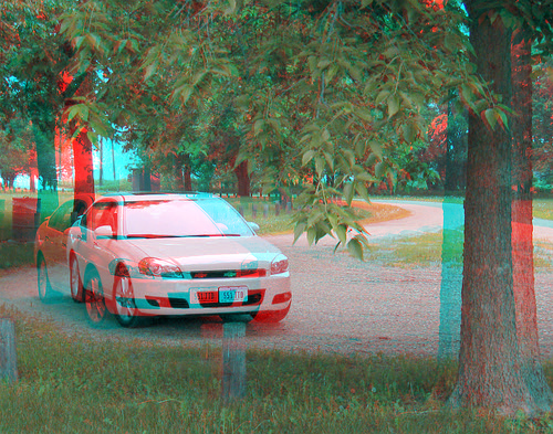 tree car rural stereoscopic stereophoto 3d spring anaglyph anaglyphs redcyan 3dimages 3dphoto 3dphotos 3dpictures stereopicture