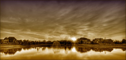 houses sky sun reflection fountain clouds sunrise pond alabama montgomery d200 hdr