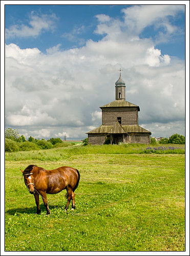 horse church landscape wooden village country belarus minsk