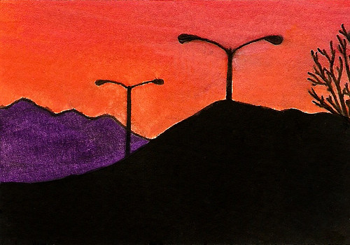 sunset sky orange black mountains tree art painting streetlight purple aceo mysterious bold