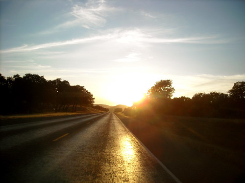 road trees light sunset orange sun west point highway shoot texas shine flare glint leakey