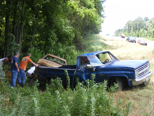 county city car one san ditch accident no vehicle trailer augustine pulling towing flipped hiway totaled injuries