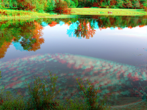lake reflection clouds boat stereoscopic stereophoto 3d branches rustic scenic anaglyph iowa anaglyphs redcyan 3dimages 3dphoto 3dphotos 3dpictures stereopicture