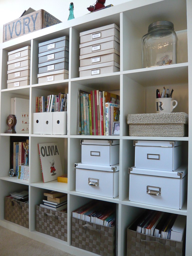 Shelf with storage boxes and baskets