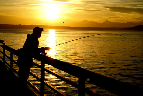 ocean sunset water golden pier fishing fisherman fishermen fisher pugetsound edmonds
