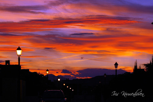street light sunset red sky orange sun clouds canon fire evening spain purple air murcia lamppost fortuna spanje colorphotoaward laskalendas