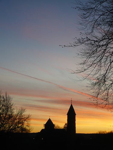 morning blue sky orange church sunrise kirche sonnenaufgang bütgenbach