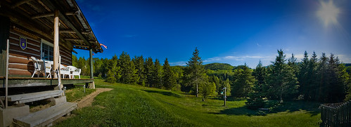 trees panorama holiday canada green nature grass forest wooden twilight chairs quebec terrace traditional cottage relaxing panoramic veranda stitching chalet remote quite relaxation idyllic stitched remotely 1star taddoussac