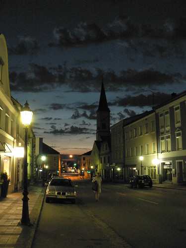 street sunset church silhouette night clouds germany streetlight steeple osterhofen gregdelong