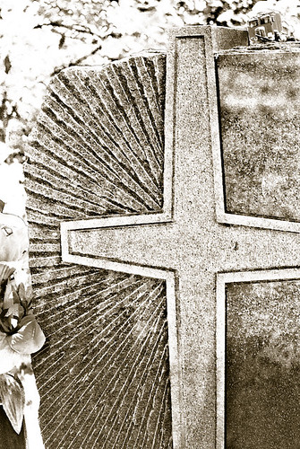 bw cross tombstone christian gravestone marker rays crepuscular