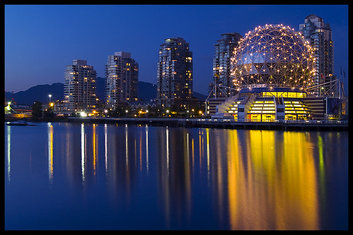 blue canada water yellow skyline architecture night vancouver reflections gold lights bc britishcolumbia dome falsecreek bluehour geodesic scienceworld telusphere telusworldofscience zd olympuse500 1445mm mywinners aplusphoto