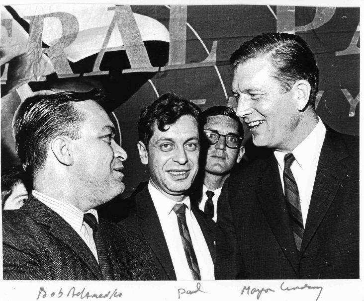 Bob Adamenko, Paul Greenberg, and John Lindsay in 1965, at Lindsay’s first public appearance after winning the mayoral election in NYC.
