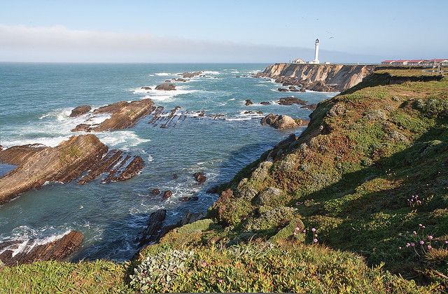 The Point Arena Lighthouse stands in the background.  Rocks and small islands sit in the Pacific Ocean just off the California coastline.