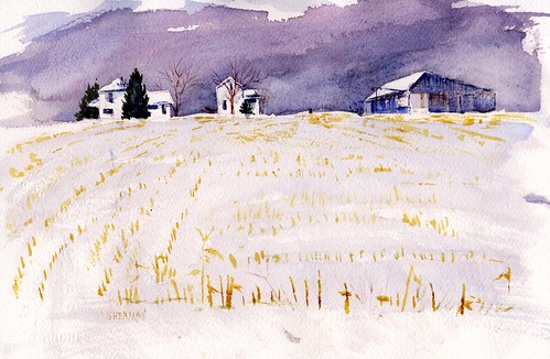 street snow watercolor painting landscape farm fields smalltown whitepine snowbanks kunstplatzlinternational
