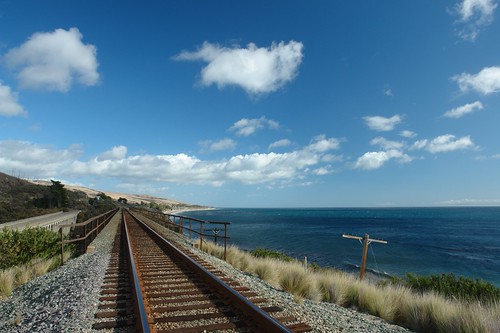 trestle bridge sea sky seascape clouds train landscape traintracks railway pacificocean