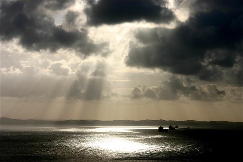light sunset brazil clouds ships bahia salvador coastline rays
