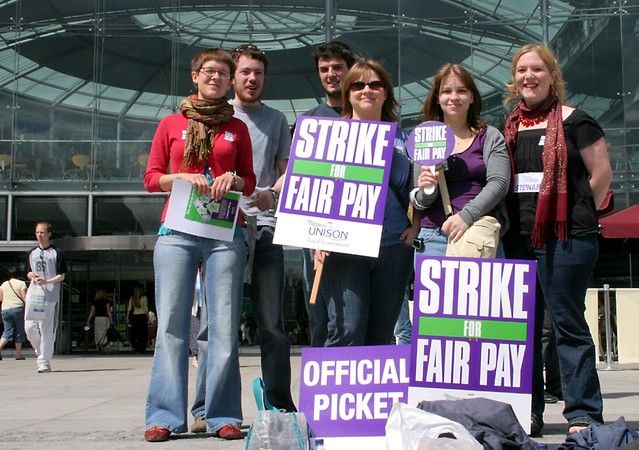 Library workers on the first day of their strike picket the Forum, Norwich