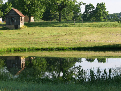 morning reflection green barn spring pond arkansas nebo