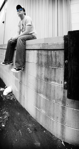 old portrait blackandwhite bw panorama man color detail building guy texture hat sunglasses wall shirt photoshop self vintage d50 person nikon shoes angle nolan parking wide lot retro jeans teen converse wilson hunter 365 2008 timer tone ghostbusters wellstone selective 365days hunterwilson