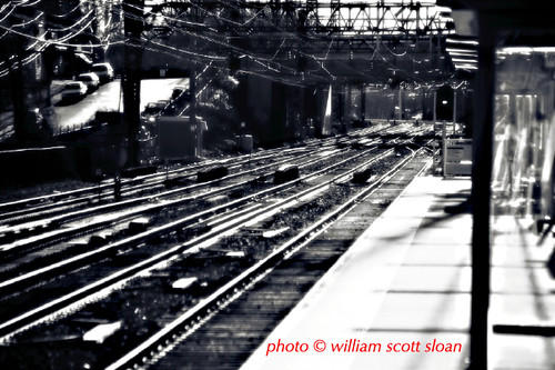 blackandwhite train waiting tracks ct commuter scottsloan slicksloan