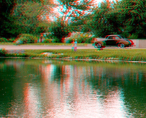 old people lake reflection car stereoscopic stereophoto 3d spring fishing antique scenic anaglyph anaglyphs redcyan 3dimages 3dphoto 3dphotos 3dpictures stereopicture