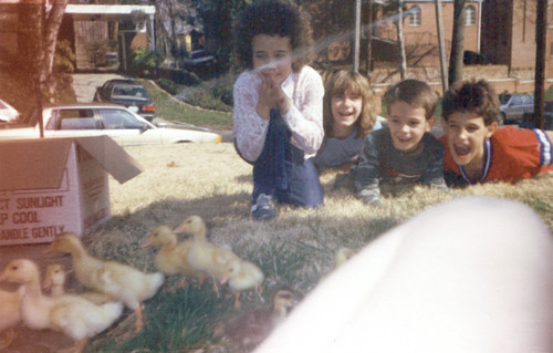1990 - ducks @ grandparents' house  (by Vicky) - Louise, Vicky, Jordan, Adam - laying, kneeling - 445767648_5c4384954a_o