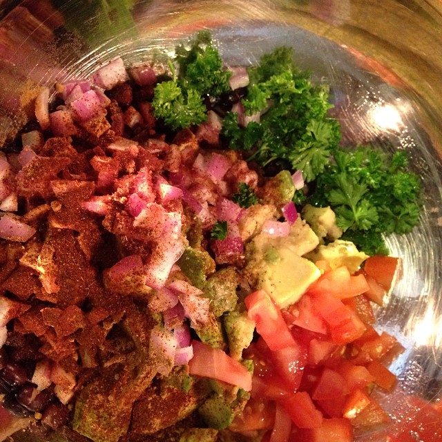 Love all these fresh ingredients in our baked avocado black bean enchiladas that we had for dinner tonight.