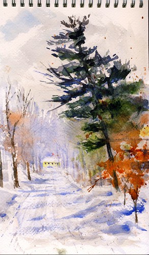 street snow watercolor painting landscape smalltown whitepine snowbanks