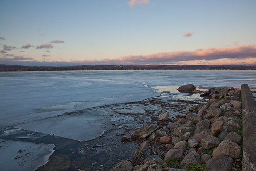 winter sunset lake newyork ice melting rocks chautauqua