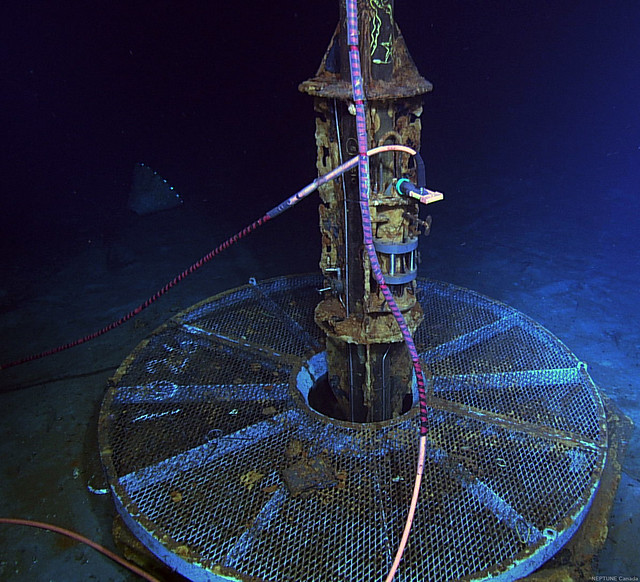 IODP CORK 1026c with two Ocean Networks Canada connectors. The connectors attach to the CORK pressure and temperature instruments, providing realtime measurements via the Internet.