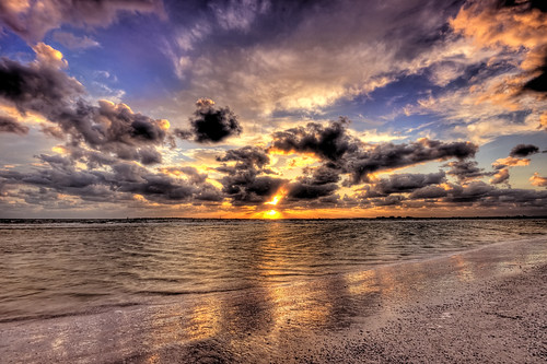 blue sunset sky orange sun beach gulfofmexico water colors clouds reflections golden colorful day purple florida cloudy flor shoreline windy saturation hdr fortmyers fortmyersbeach sigma1020mm d90 photomatixpro nikond90