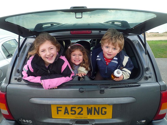 three kids at the back of a car having fun