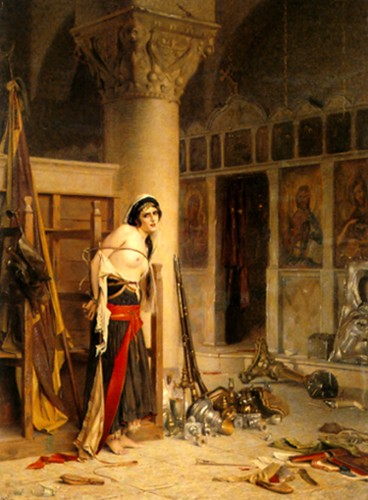 Bare-breasted, bound woman standing next to pile of looted goods