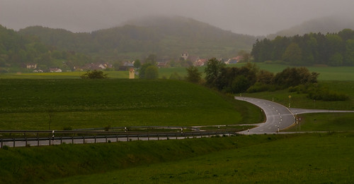 road trees cloud mist landscape town village scenic