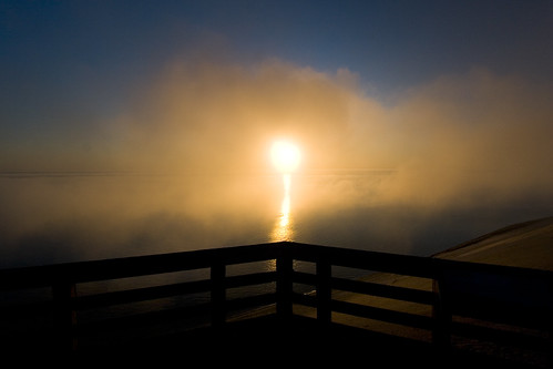 sunset lake fog observation view michigan lakemichigan sleepingbeardunes atmospheric expanse nationallakeshore