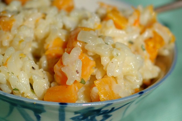 Bowl of butternut squash risotto with thyme