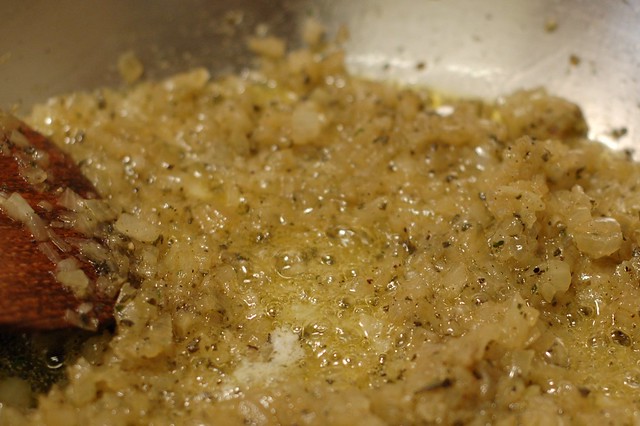 Shallots and sage sauteed in butter for the filling