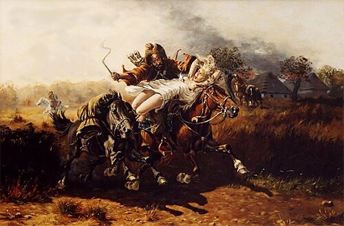 Woman in white gown aducted by man on horseback