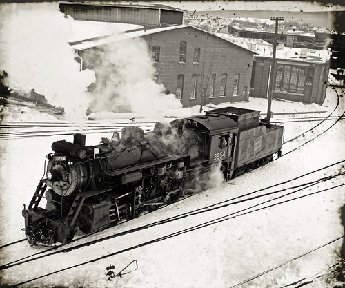 blackandwhite snow sepia mono pennsylvania steam locomotive scranton railyard steamtown