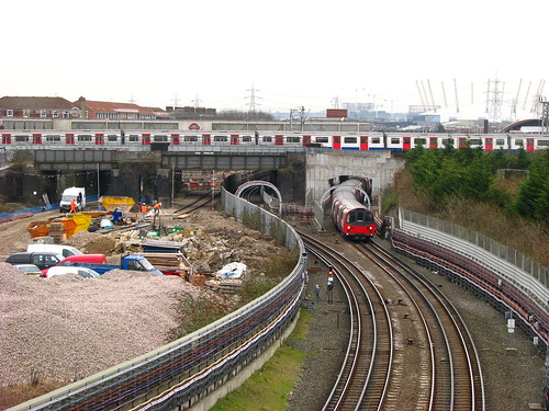 Jubilee and District line trains at West Ham station