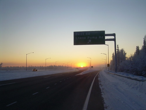 alaska sunrise roadsigns icefog fairbanks